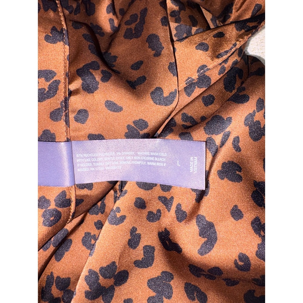 Auden Luxe Satin Pajama Top Large Brown New Leopard Print Button Down Shirt - Picture 10 of 10